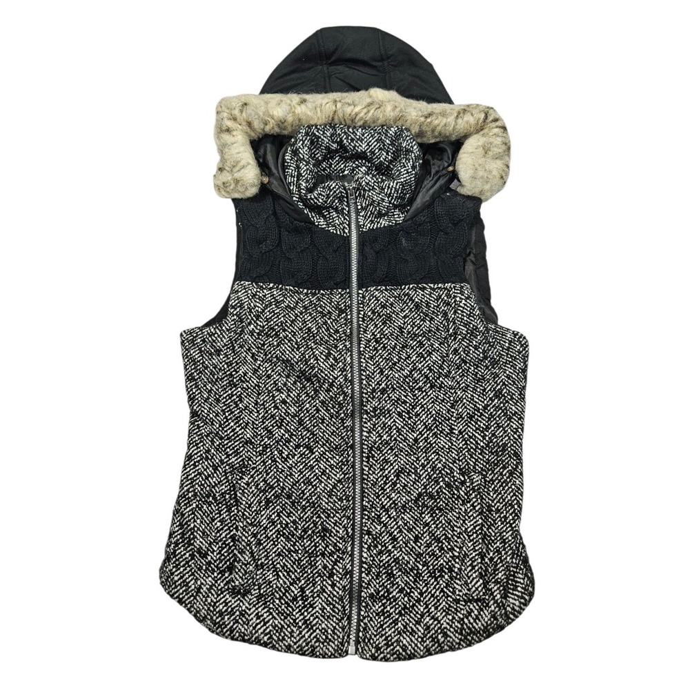 Prince & Fox Womens Tweed Puffer Vest Hooded Faux Fur Cable Knit Small Gray